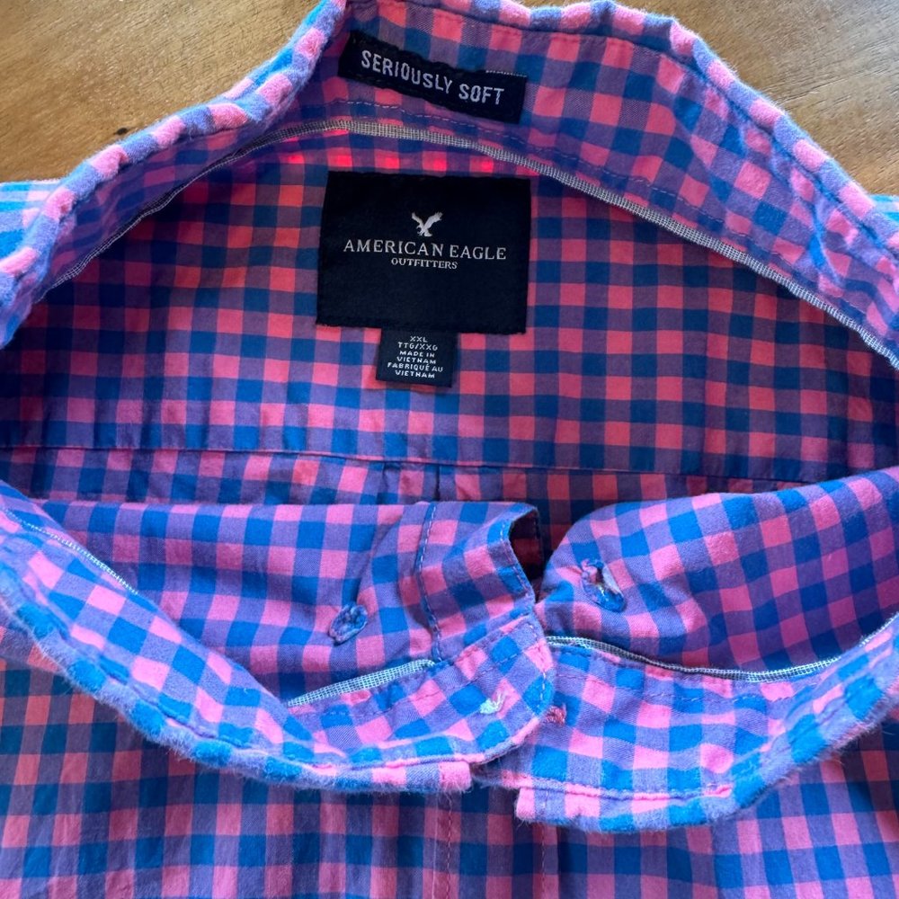 American Eagle Men's XXL Shirt Gingham Long Sleeve Seriously Soft Pink Blue - Picture 10 of 11